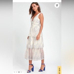 Lulu’s - Viviana Blue and White Embroidered Lace Midi Dress